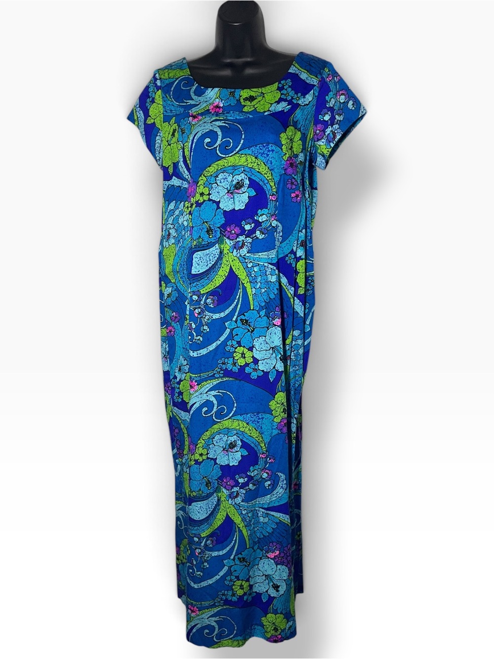 Vintage 60s 70s Liberty House Hawaii Muumuu Maxi Dress Blue Green Psychedelic